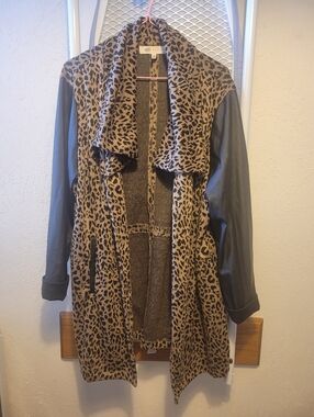 Fever Leopard Print Open-Front Coatigan with Black Faux Leather Sleeves